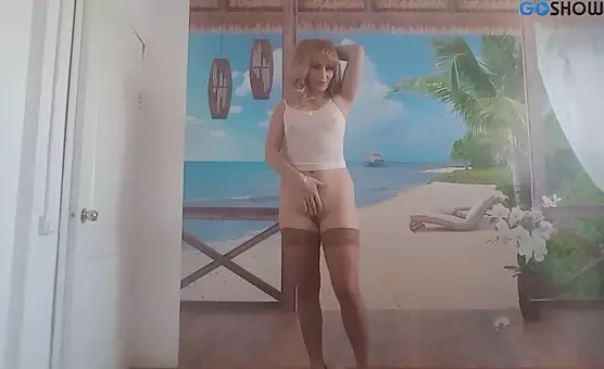 Milf in Red Skirt and Tan Stockings  Teasing and Fingering